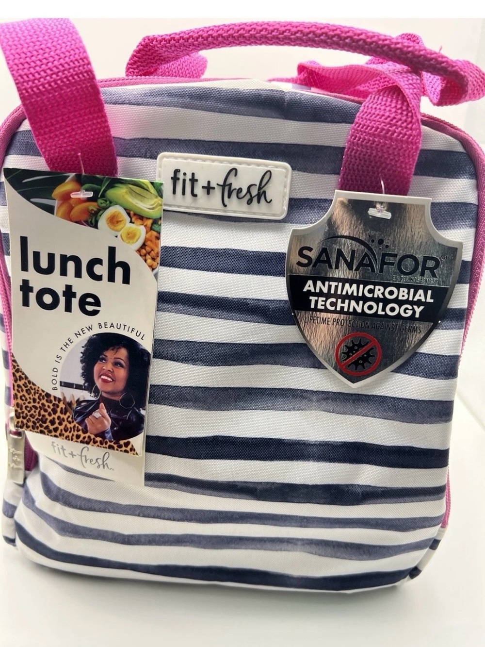 NEW Fit + Fresh Striped Lunch
Tote Bag Antimicrobial w/ Snack Container
